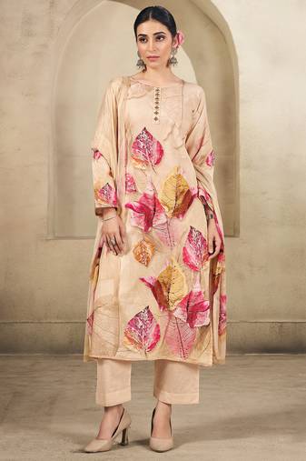 Stylee lifestyle beige cotton embroidered dress material