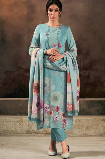 Stylee lifestyle sky blue muslin embroidered dress material