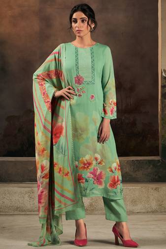 Stylee lifestyle green muslin embroidered dress material