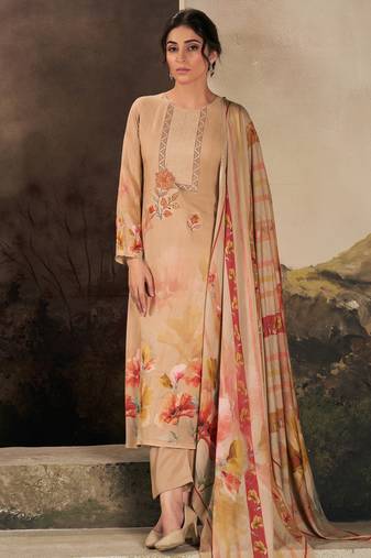 Stylee lifestyle beige muslin embroidered dress material