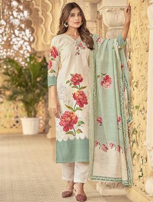 cream muslin embroidered dress material 1