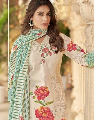 cream muslin embroidered dress material 2