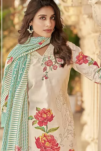 cream muslin embroidered dress material