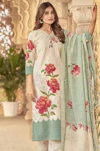 cream muslin embroidered dress material