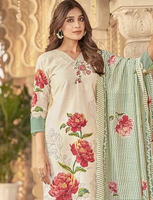 cream muslin embroidered dress material 4