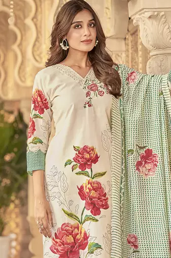 cream muslin embroidered dress material