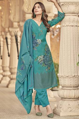 Stylee lifestyle teal muslin embroidered dress material