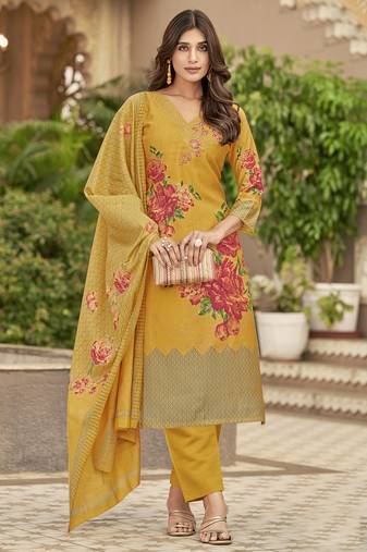 Stylee lifestyle yellow muslin embroidered dress material