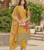 yellow muslin embroidered dress material