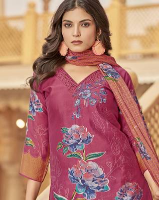 coral muslin embroidered dress material 2