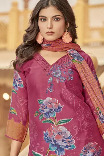 coral muslin embroidered dress material
