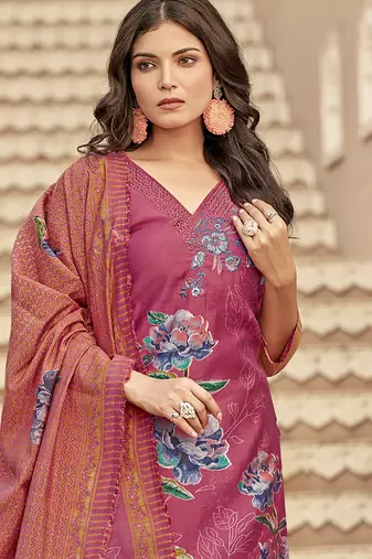 coral muslin embroidered dress material