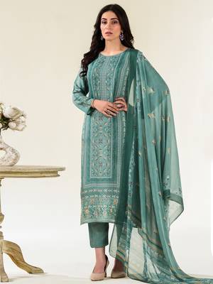 turquoise muslin embroidered dress material 1