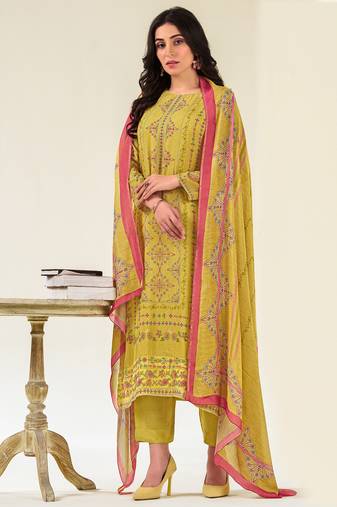 Stylee lifestyle yellow muslin embroidered dress material