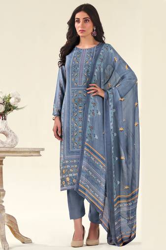 Stylee lifestyle blue muslin embroidered dress material