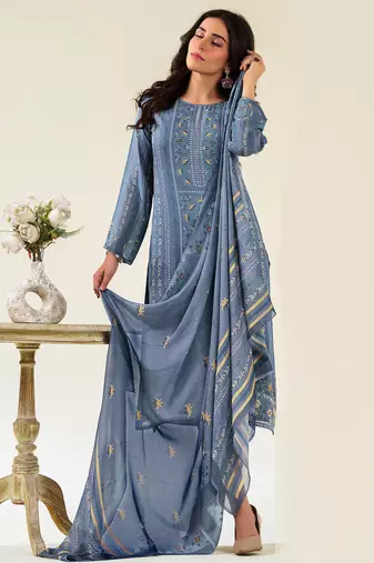 Stylee lifestyle blue muslin embroidered dress material