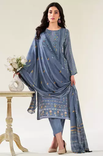 Stylee lifestyle blue muslin embroidered dress material