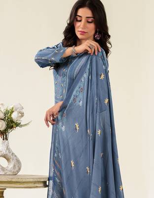 Stylee lifestyle blue muslin embroidered dress material 4