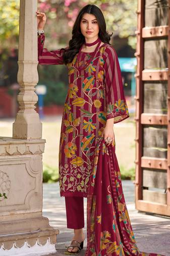 Stylee lifestyle maroon muslin embroidered dress material