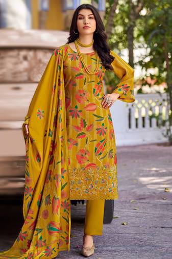 Stylee lifestyle yellow muslin embroidered dress material