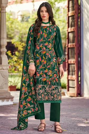 Stylee lifestyle green muslin embroidered dress material
