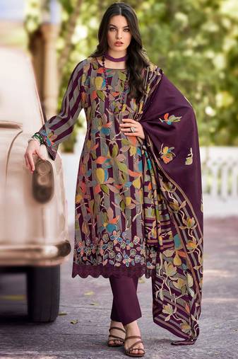 Stylee lifestyle wine muslin embroidered dress material