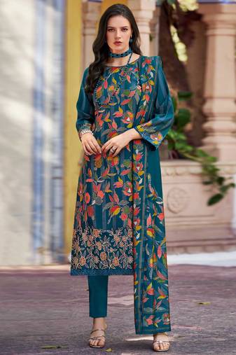 Teal muslin embroidered dress material