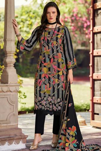 Stylee lifestyle black muslin embroidered dress material