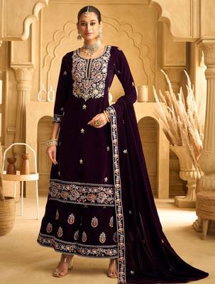 Purple embroidered velvet palazzo style salwar suit 1