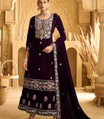 Purple embroidered velvet palazzo style salwar suit