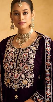 Purple embroidered velvet palazzo style salwar suit 2