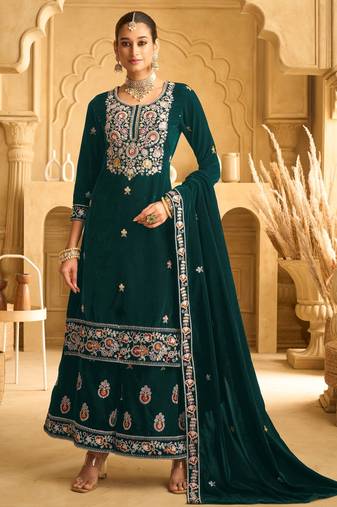Green embroidered velvet semi-palazzo style salwar suit