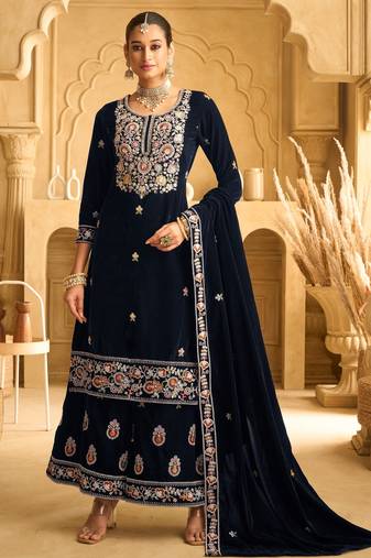 Navy Blue embroidered velvet semi-palazzo style salwar suit