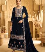 Navy Blue embroidered velvet semi-palazzo style salwar suit