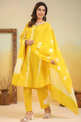 Sana sunrise light yellow printed cotton kurta sets