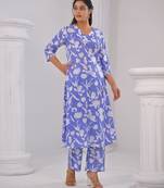 Sasha ocean blue printed cotton kurta sets