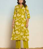 Sasha slime green printed cotton kurta sets
