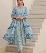 Shamsul softblue blue printed cotton kurta sets