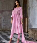 Kabila flamingo pink embroidered cotton kurta sets