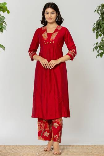 Sneha crimson red printed cotton kurta sets