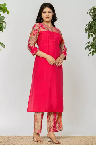 Sneha fuschia pink printed cotton kurta sets