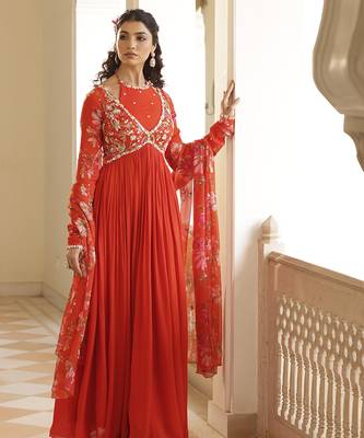 Orange chiffon embroidered anarkali with zardozi work 1