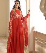 Orange chiffon embroidered anarkali with zardozi work