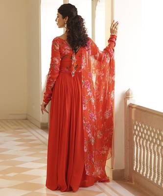 Orange chiffon embroidered anarkali with zardozi work 2