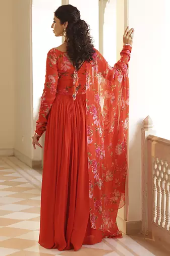 Orange chiffon embroidered anarkali with zardozi work