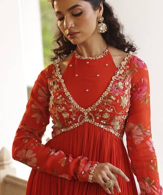 Orange chiffon embroidered anarkali with zardozi work 3