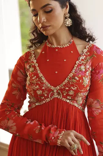 Orange chiffon embroidered anarkali with zardozi work