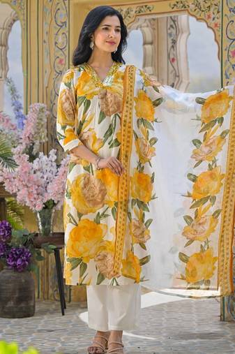 Swarnali marigold dark yellow printed cotton kurta sets