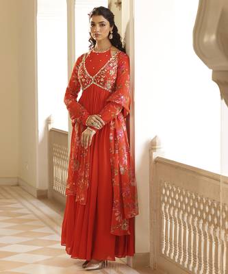 Orange chiffon embroidered anarkali with zardozi work 4