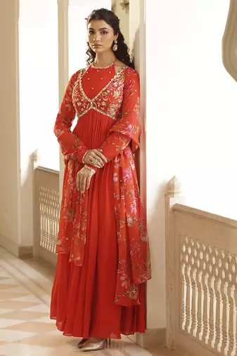 Orange chiffon embroidered anarkali with zardozi work